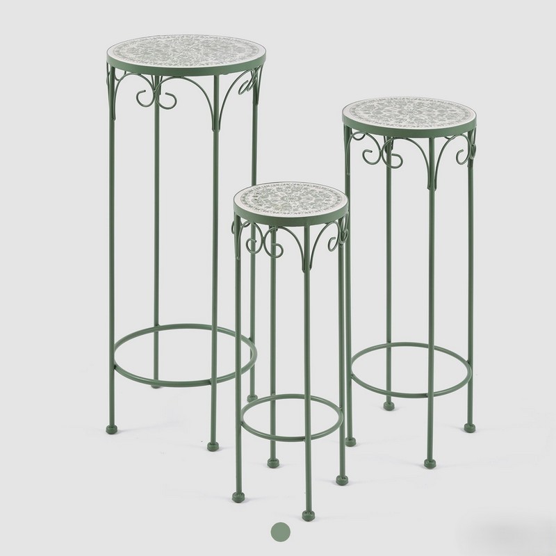 Tavolino da esterno in metallo e ceramica verde con motivi floreali, alto 51 cm